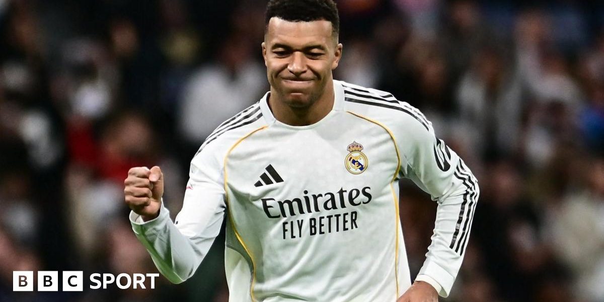 Kylian Mbappe celebrates scoring from the penalty spot for Real Madrid against Sevilla