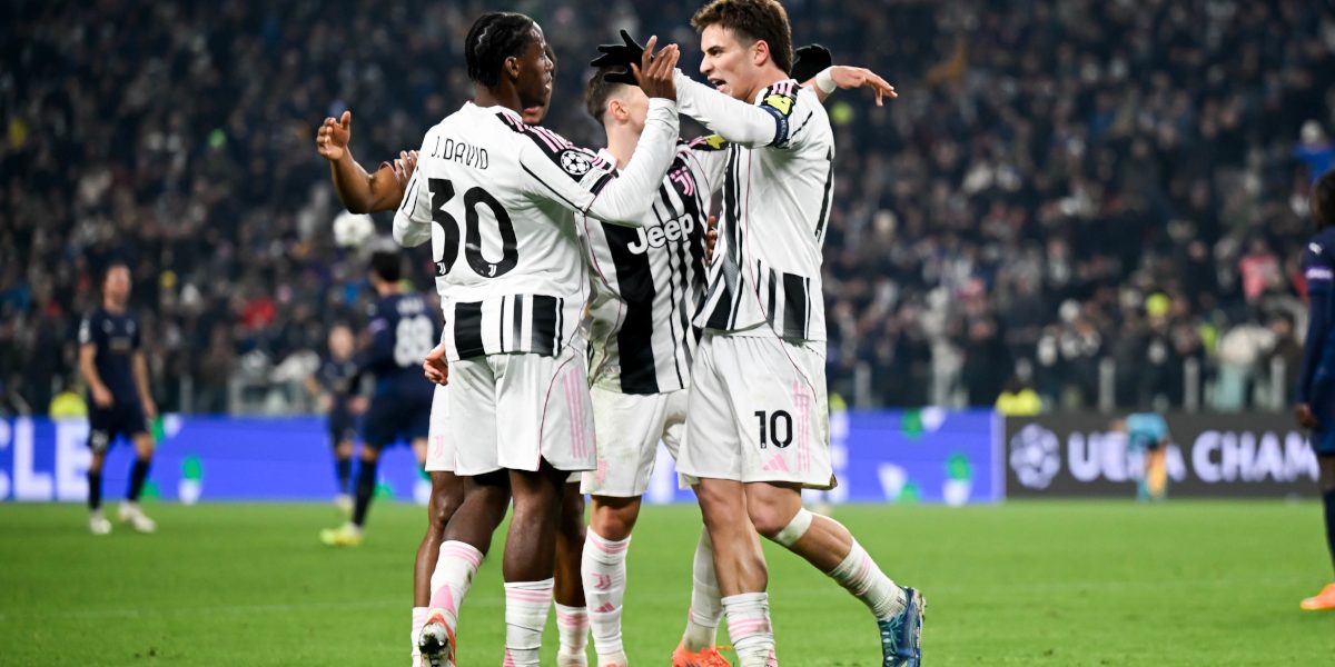 Jonathan David and Kenan Yildiz celebrate after Juventus score against Pafos in the Champions League (@juventusfc)