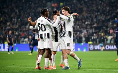 Jonathan David and Kenan Yildiz celebrate after Juventus score against Pafos in the Champions League (@juventusfc)