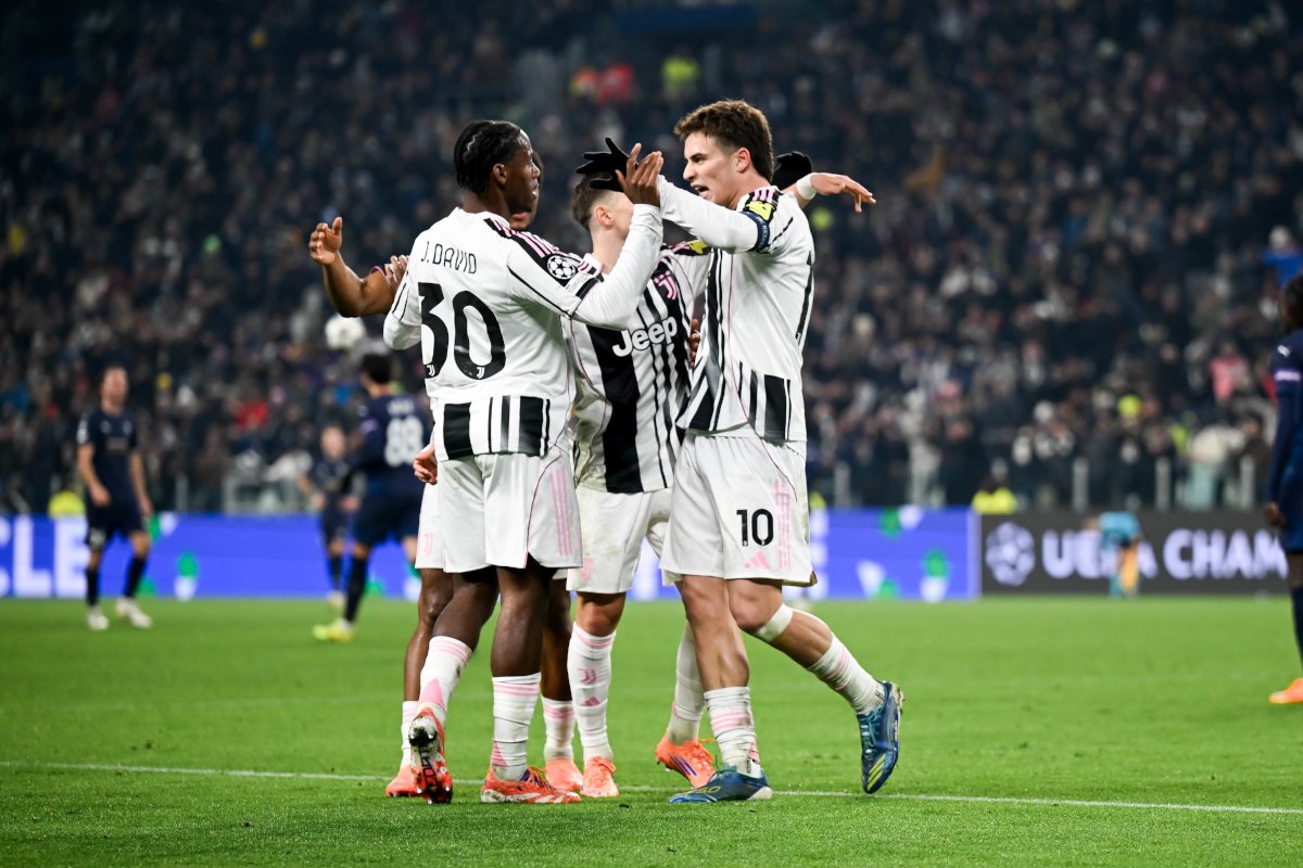 Jonathan David and Kenan Yildiz celebrate after Juventus score against Pafos in the Champions League (@juventusfc)