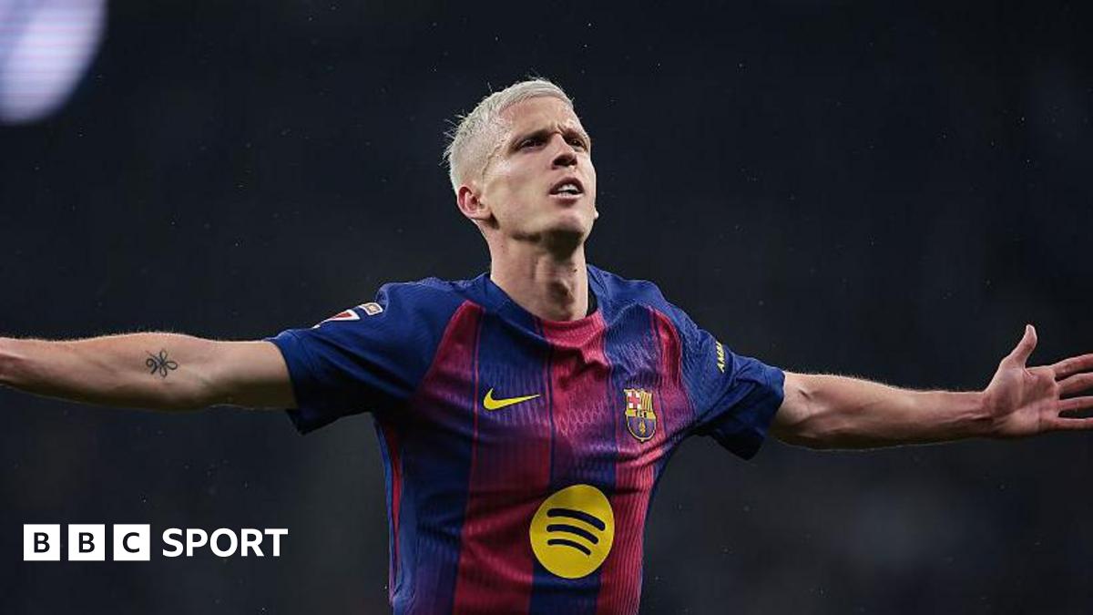 Dani Olmo celebrates scoring for Barcelona