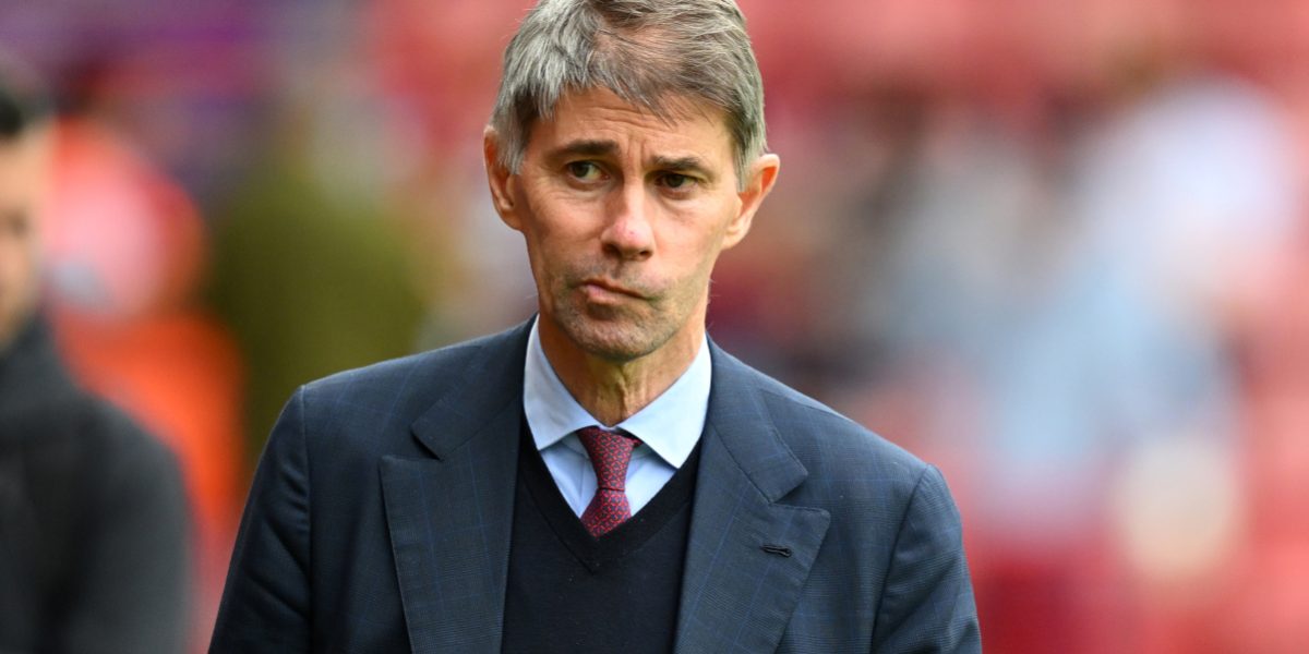 WALSALL, ENGLAND - AUGUST 06: Frederic Massara, Sporting Director of AS Roma, looks on prior to the pre-season friendly match between Aston Villa and AS Roma at Pallet-Track Bescot Stadium on August 06, 2025 in Walsall, England. (Photo by Clive Mason/Getty Images)