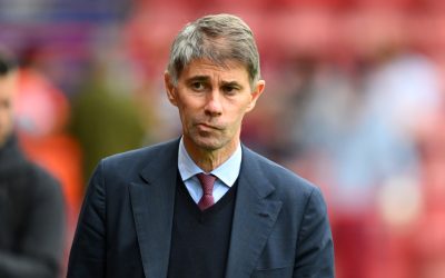 WALSALL, ENGLAND - AUGUST 06: Frederic Massara, Sporting Director of AS Roma, looks on prior to the pre-season friendly match between Aston Villa and AS Roma at Pallet-Track Bescot Stadium on August 06, 2025 in Walsall, England. (Photo by Clive Mason/Getty Images)
