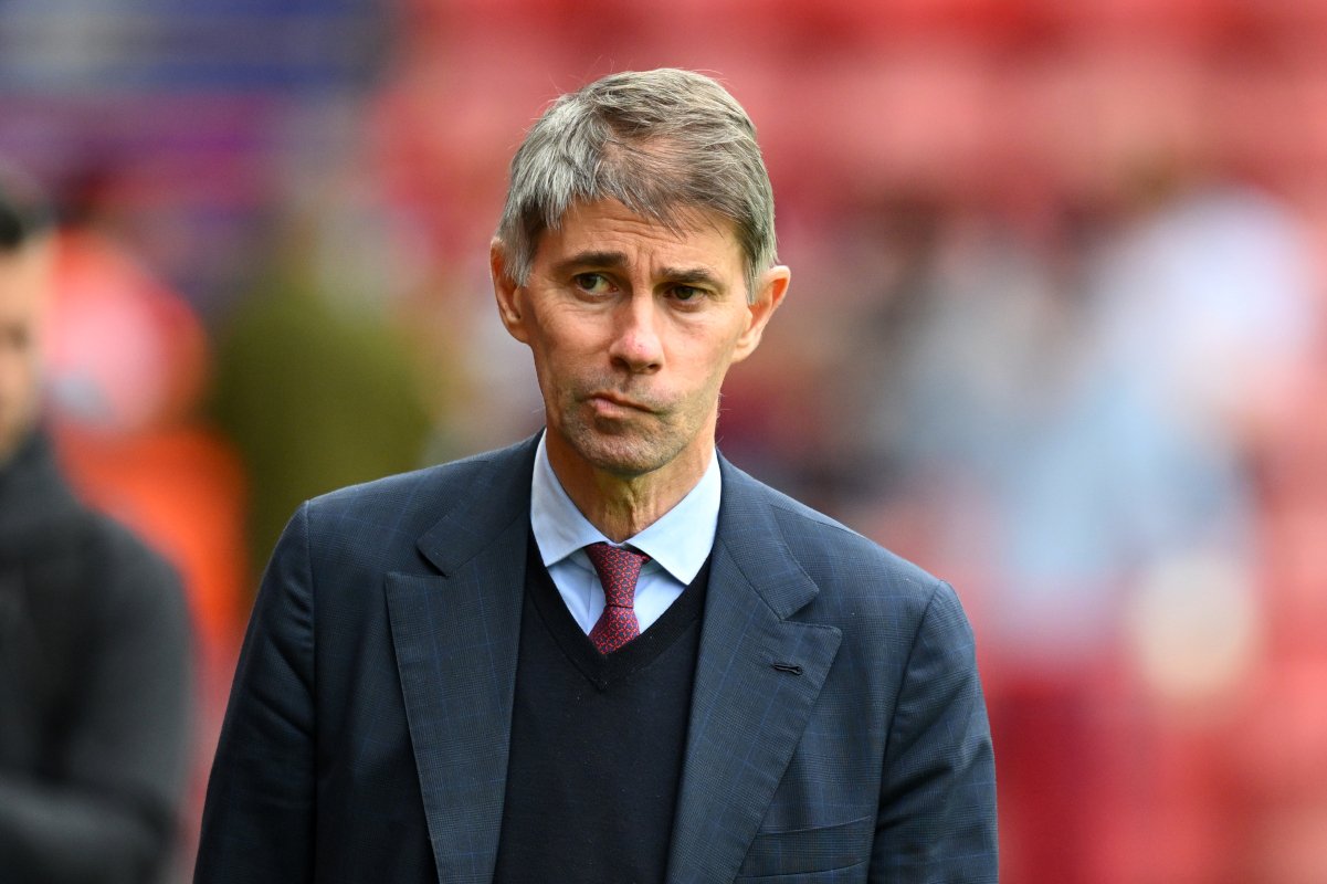 WALSALL, ENGLAND - AUGUST 06: Frederic Massara, Sporting Director of AS Roma, looks on prior to the pre-season friendly match between Aston Villa and AS Roma at Pallet-Track Bescot Stadium on August 06, 2025 in Walsall, England. (Photo by Clive Mason/Getty Images)