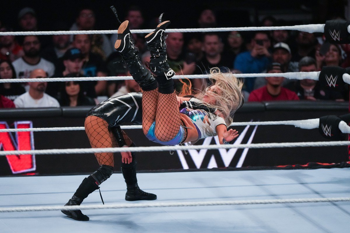 Liv Morgan is thrown by Becky Lynch during WWE Monday Night RAW at Toyota Center in Houston, Texas.