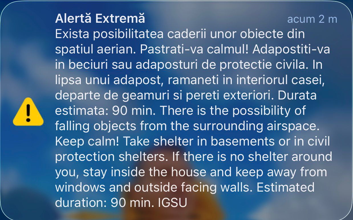 Ro-alert în tulcea: Pericol de cădere obiecte din aer, zona de nord avertizată