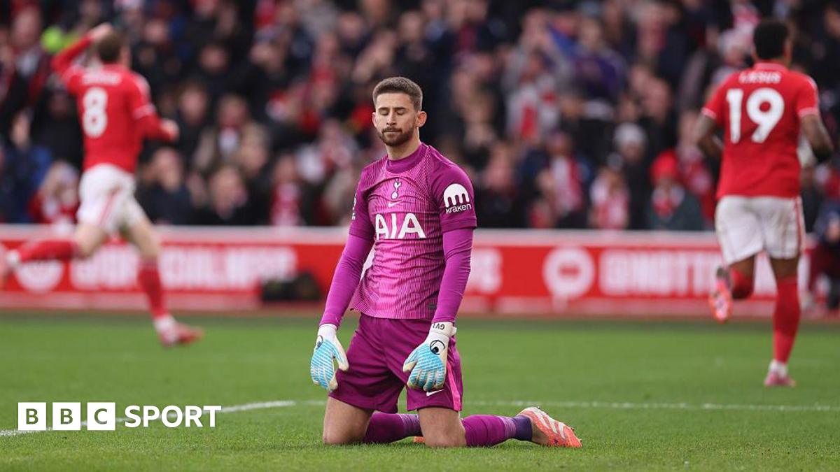 Guglielmo Vicario reacts to conceding a goal at Nottingham Forest