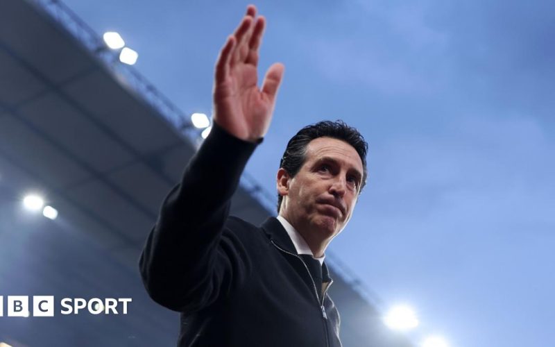 Unai Emery, Manager of Aston Villa, gestures as he walks out of the tunnel prior to the UEFA Europa League 2025/26 Quarter-Final Leg Two match between Aston Villa FC and Bologna FC 1909