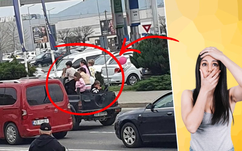 Șofer din Alba, cu 7 copii în benă – imagini ȘOCANTE pe un drum aglomerat