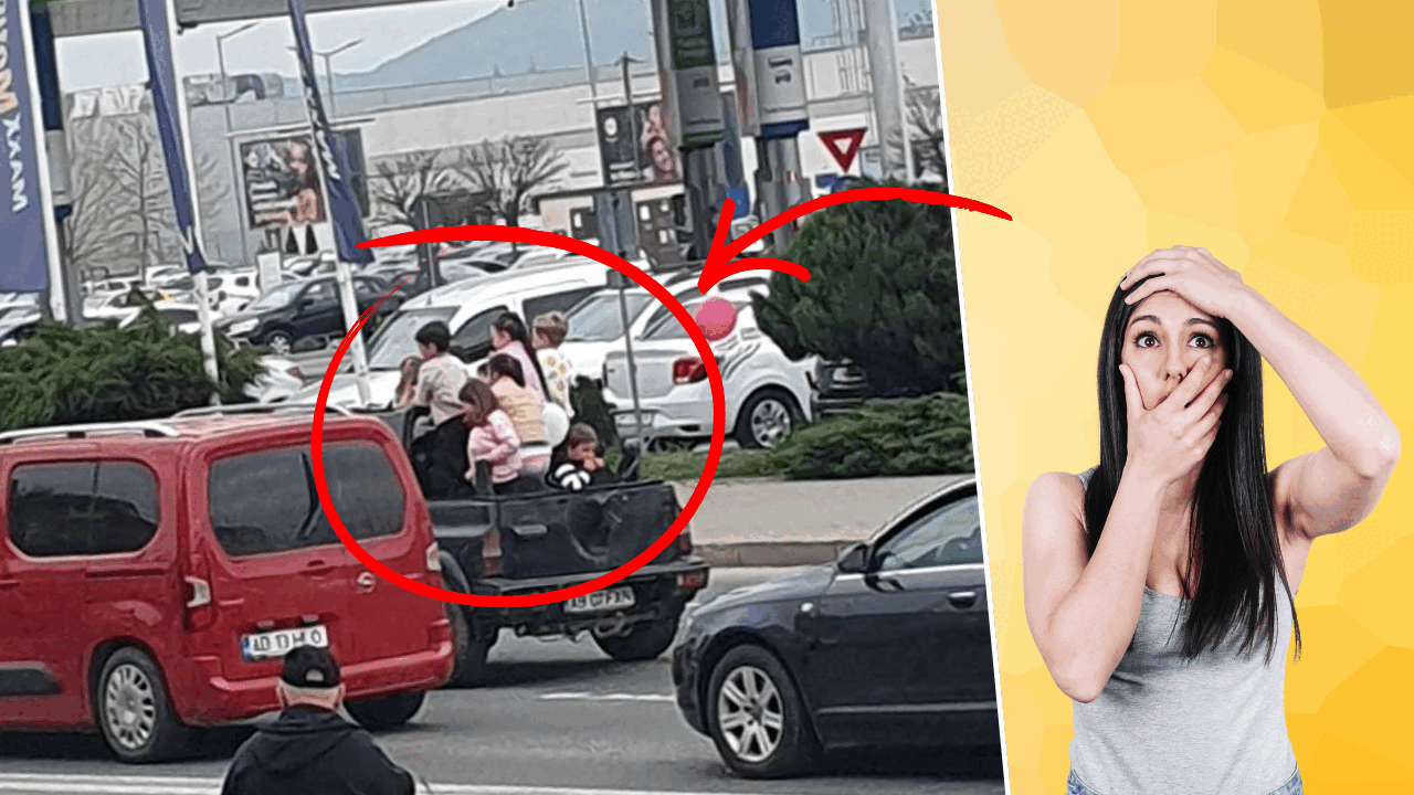 Șofer din Alba, cu 7 copii în benă – imagini ȘOCANTE pe un drum aglomerat