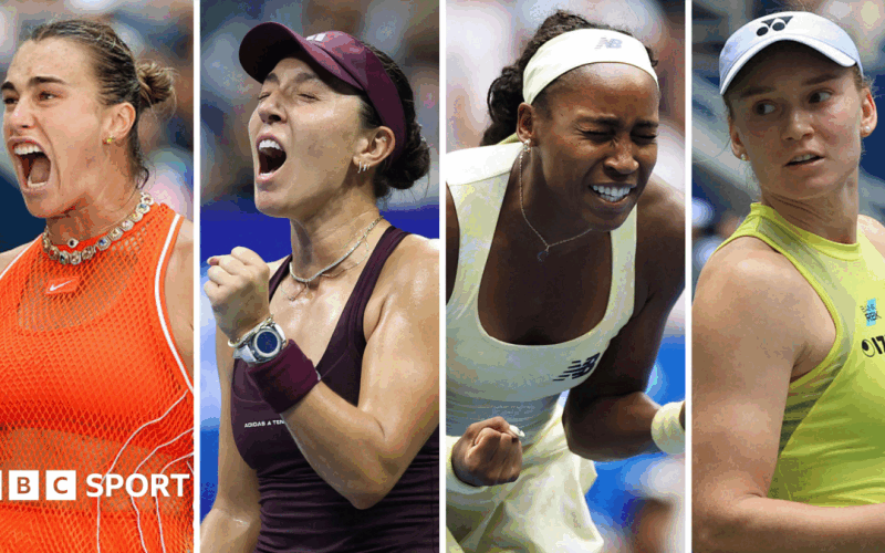 Split image of Aryna Sabalenka, Jessica Pegula, Coco Gauff, Elena Rybakina